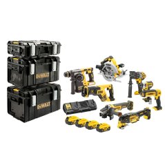 Sada nářadí DEWALT DCK853P4 18V XR - kladivo, vrtačka, utahovák, úhlová a oscilační bruska, kotoučová a mečová pila, světlo, 4xAku, nabíječka, 3xkufr