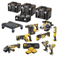 Sada nářadí DEWALT DCK853P4T 18V XR - kladivo, vrtačka, utahovák, úhlová a oscilační bruska, kotoučová a mečová pila, světlo, 4xAku, nabíječka, 3xkufr