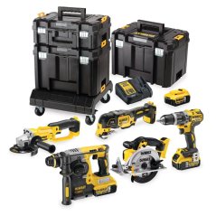 Sada nářadí DEWALT DCK654P3T 18V XR - vrtačka, utahovák, kladivo, oscilační a úhlová bruska, kotoučová pila, 3xAku, nabíječka, 3xkufr